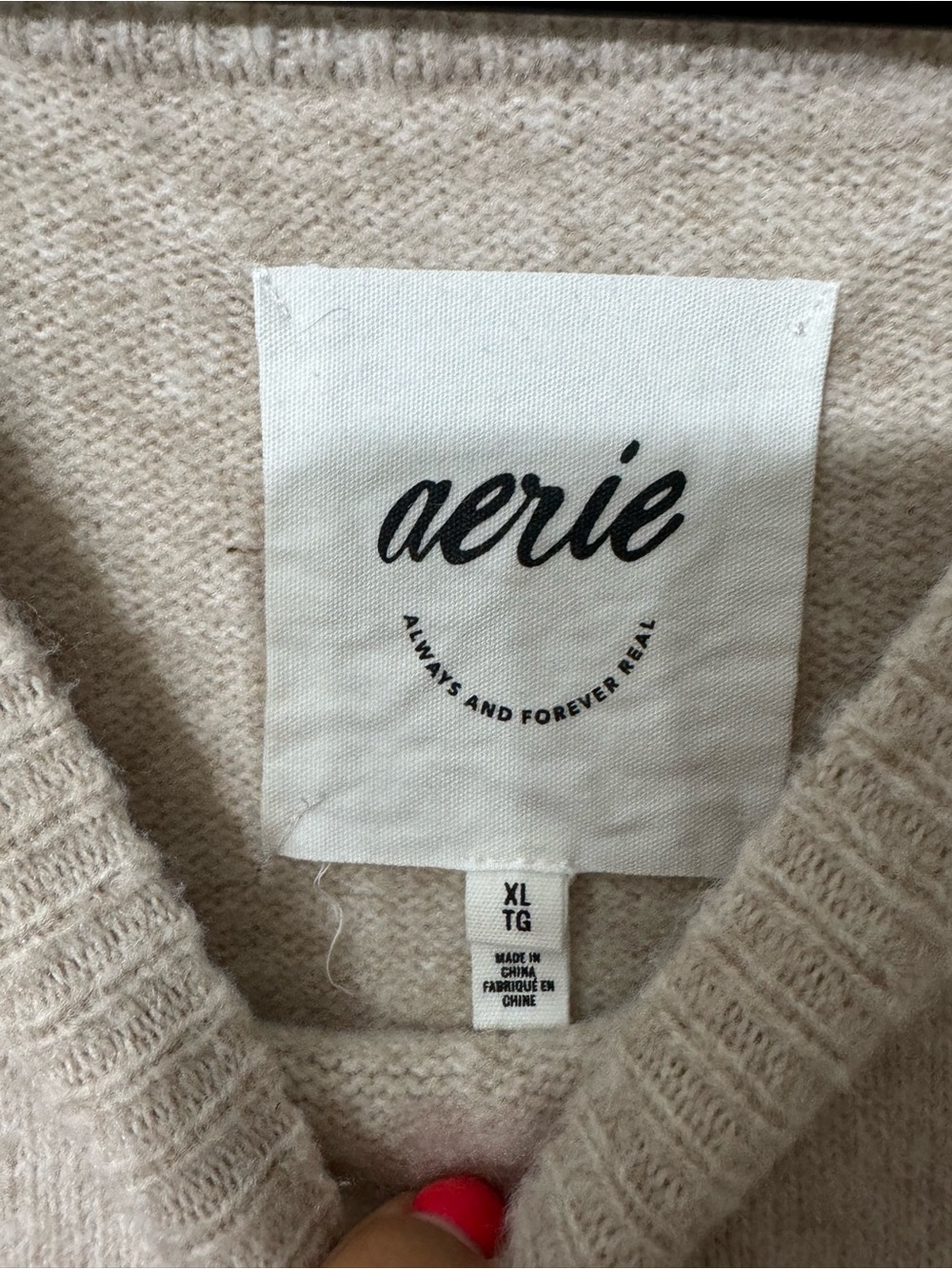 aerie Beige Crewneck Sweater with Black Bow Sleeves - Picture 2 of 2